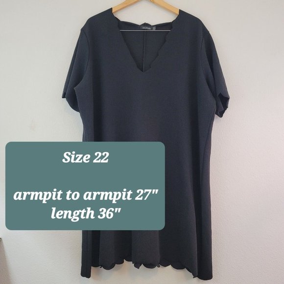 Boohoo Womens Size 22 Scallop Edge V Neck Black Shift Short Dress Tunic Stretch - Picture 4 of 11